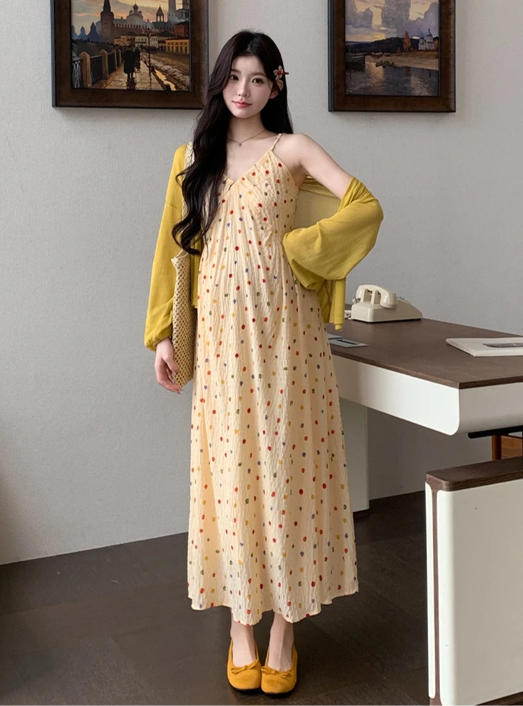 Maternity Suit Summer Cute Casual Polka Dot Cami Dress and Thin Cardigan for Pregnant Women 2026 Breathable Comfortable