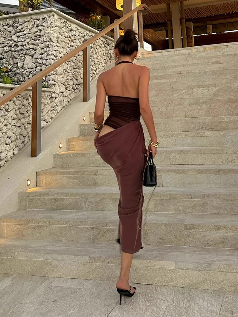 ReddaChic Sukienka Imprezowa z Siateczki, Marszczona, Letnia, Prześwitująca, typu Halter, Maxi, Długa, z Wycięciami, Obcisła, Damska, Jednoczęściowa, Seksowna, na Imprezę do Klubu Nocnego