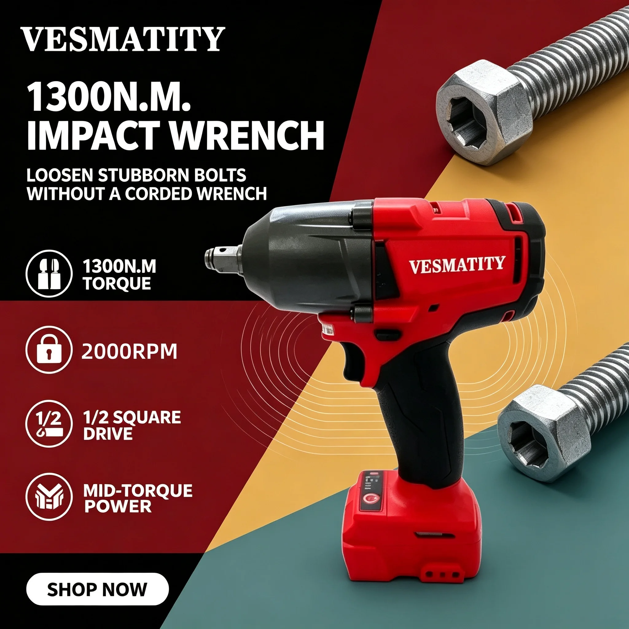 Vesmatity Brushless Impact Wrench 1300NM Electric Wrench Cordless Large Torque Car Truck Repair Power Tools For 18V Battery