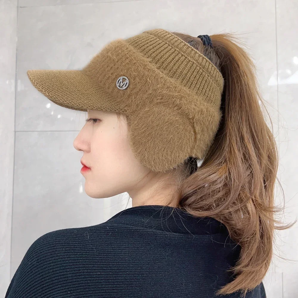 Autumn Winter Women\'s Knitted Fleece Hat Ladies with Earflaps Hats Empty Top Keep Warm Baseball Caps for Female Ear Protection