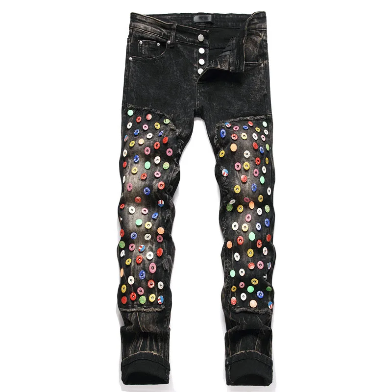 

2024 New Fashion Men High Street Jeans Mens Washed Black Rivet Skinny Slim Jeans Male Hip Hop Denim Pants pantalones hombre