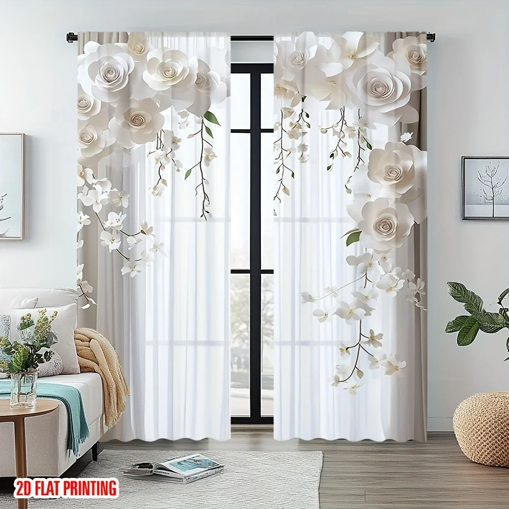 2 Pcs Elegant White Floral Sheer Curtains ,2D Flat Design Polyester Rod Pocket for Living Room Bedroom Office Holiday Home Decor