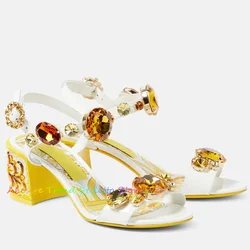 Flower Printed Open Toe High Heels Bohemian Rhinestones Sandals Yellow Gemstone Thick Heel Buckle Strap Runway Shoes for Women