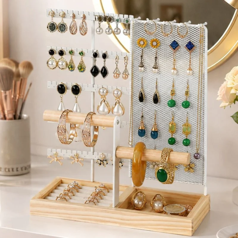 Desktop Jewelry Organizer Stand Iron Earring Ring Display Stand Women Bracelet Storage Shelf Solid Wood Base Necklace Rack