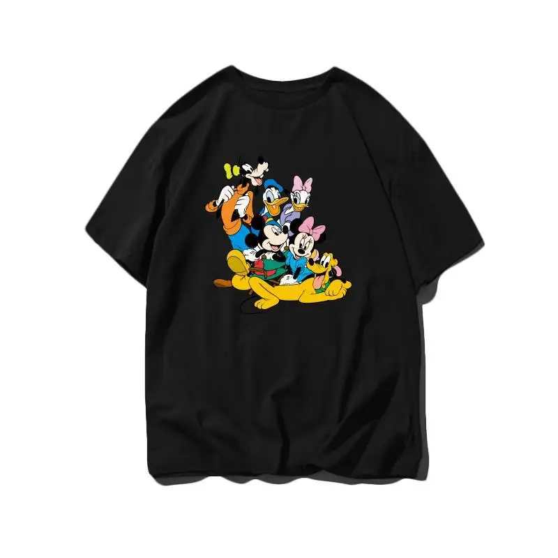 

Disney Mickey Friends Black T Shirt Men Women 2025 Summer Cotton Casual Tops Mickey Minnie Donald Daisy Goofy Pluto Stack Design