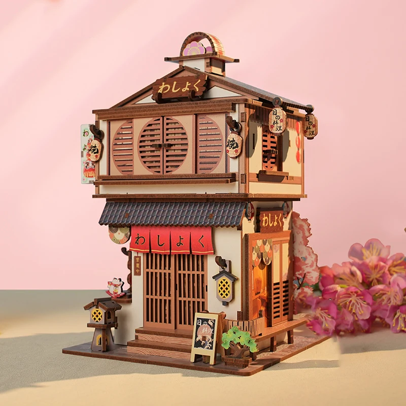 DIY Wooden Model Building Kits Chinese Ancient Cosmetics Store Inductive Storage Box 3D Jigsaw Puzzle Houses for Adults Gifts