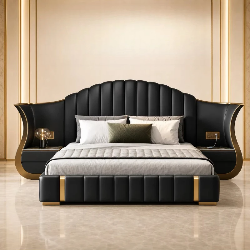 Luxury Italian soft bed frame with high metal headboard and black gold leather upholstery