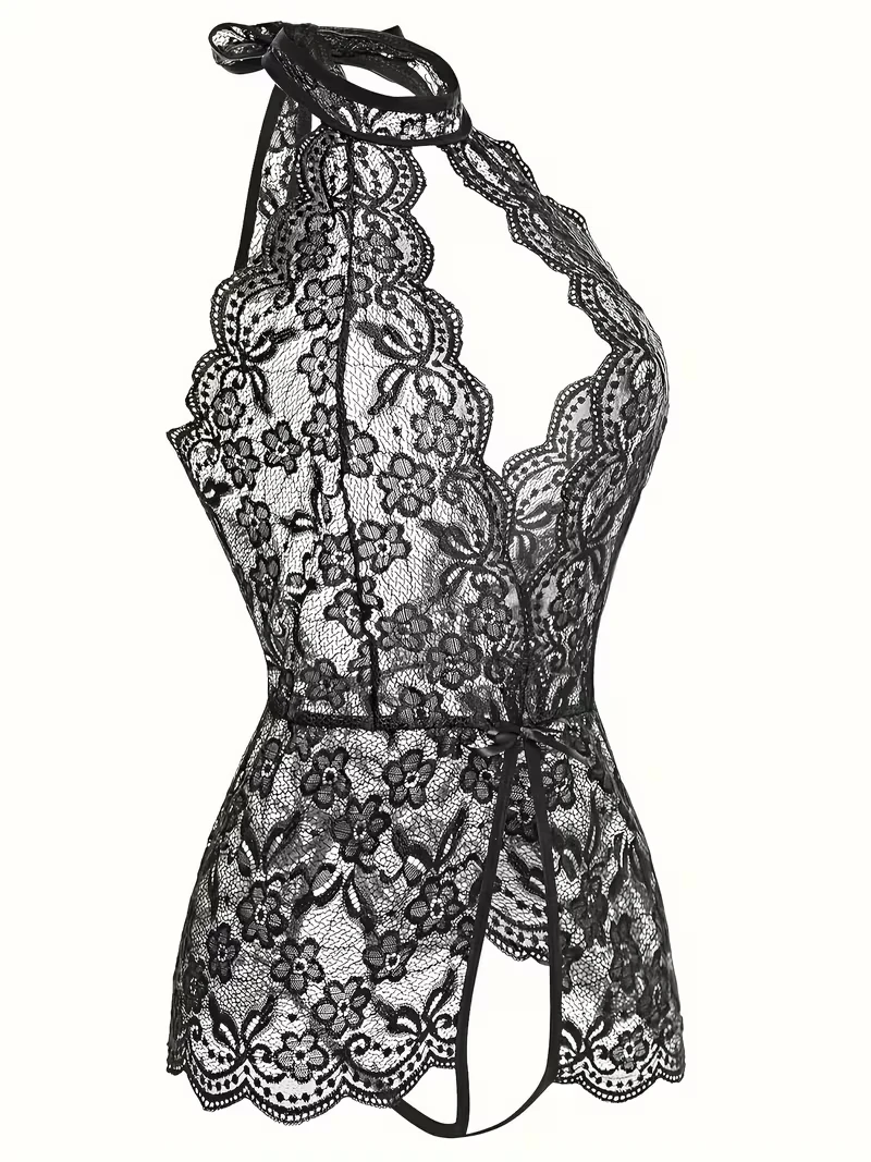 Exotic Lingerie Sexy Floral Lace Underwear Erotic Open Crotchless Babydoll Dress Plus Size Women Porn Costume Bowknot Pajamas view 2