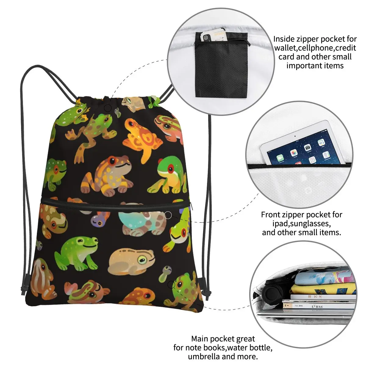 Tree Frog-Mochilas portáteis escuras, Drawstring Bag, Bundle Pocket, sapatos, moda, estudantes