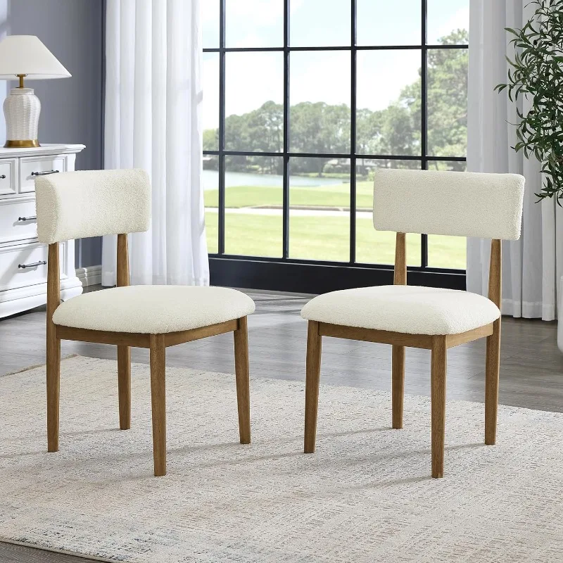 كراسي تناول الطعام المنجدة من Furniture Ellis Boucle، مجموعة من 2، أبيض/بلوط طبيعي