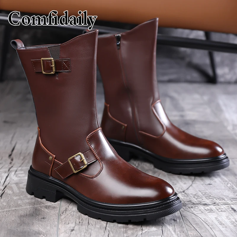 

New Men Side Zipper High Top Riding Boots Height Increasing Anti Slip Buckle Winter Fashionable Motorcycle Boots