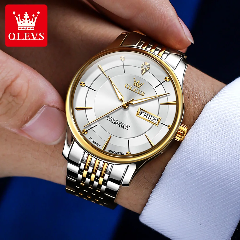 OLEVS 9927 Original Automatic Men\'s Watches Simple Dual Calendar Luxury Business Mechanical Wristwatch Stainless Steel Man Watch