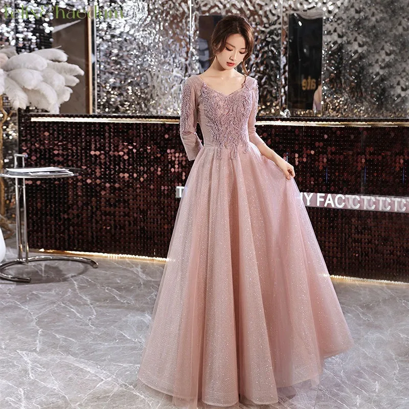 Evening Dress for Women Elegant Lace Round Neck Half Sleeve Lace Long Skirt Zipper Banquet Gown Women\'s Party Dress Vestidos