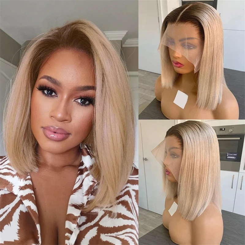 Ash Blonde Straight Highlight Wig para mulheres, cabelo humano, raízes castanhas, Ombre HD Lace Frontal Perucas, pré arrancadas, 13x4