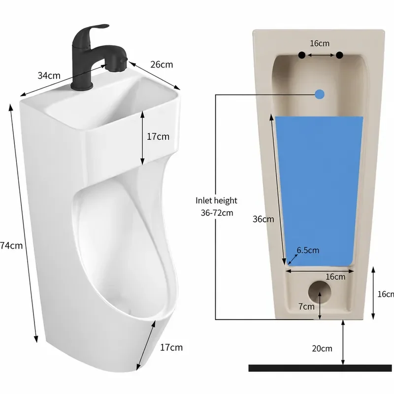 Wall Mounted Water Saving Ceramic Urinal with Wash Basin Integrated Men's Urinal for Hotel Engineering Projects