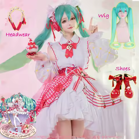 Miku 15th Anniversary Cosplay Custom Size Cute Strawberry Lolita Dress Wig Anime Costume Kawaii Women Roleplay Prop Halloween