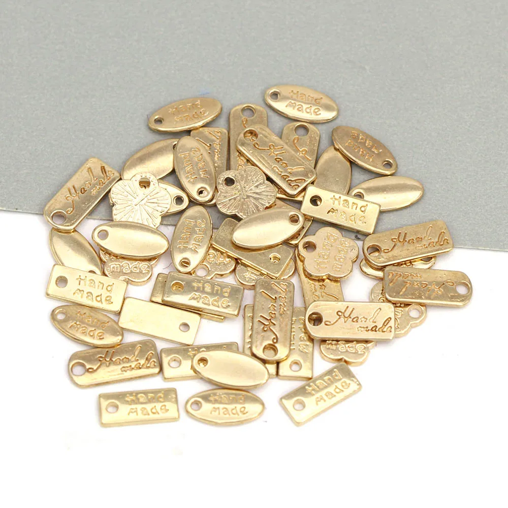 Gold Handmade Label Metal Tags Rectangle Oval Flower Label Hand Made Tag for Clothes Hats Bags Sewing Garment Accessories 50Pcs