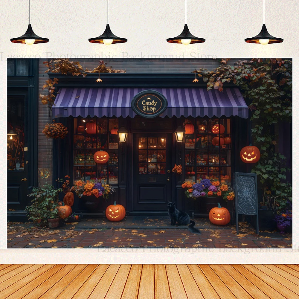 Halloween Candy Shop Photography Background Magic Book Witch Pumpkin Black Cat Halloween Night Party Background Birthday Poster