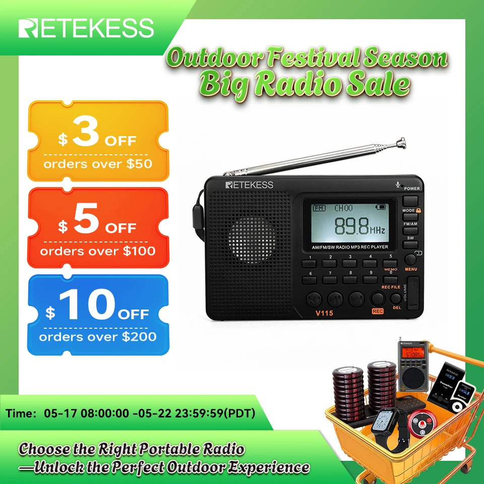 RETEKESS V115 Radio Portable Radio Rechargeable AM FM Radio Multifunctional Shortwave Receiver Good Sound for Camping and Gift