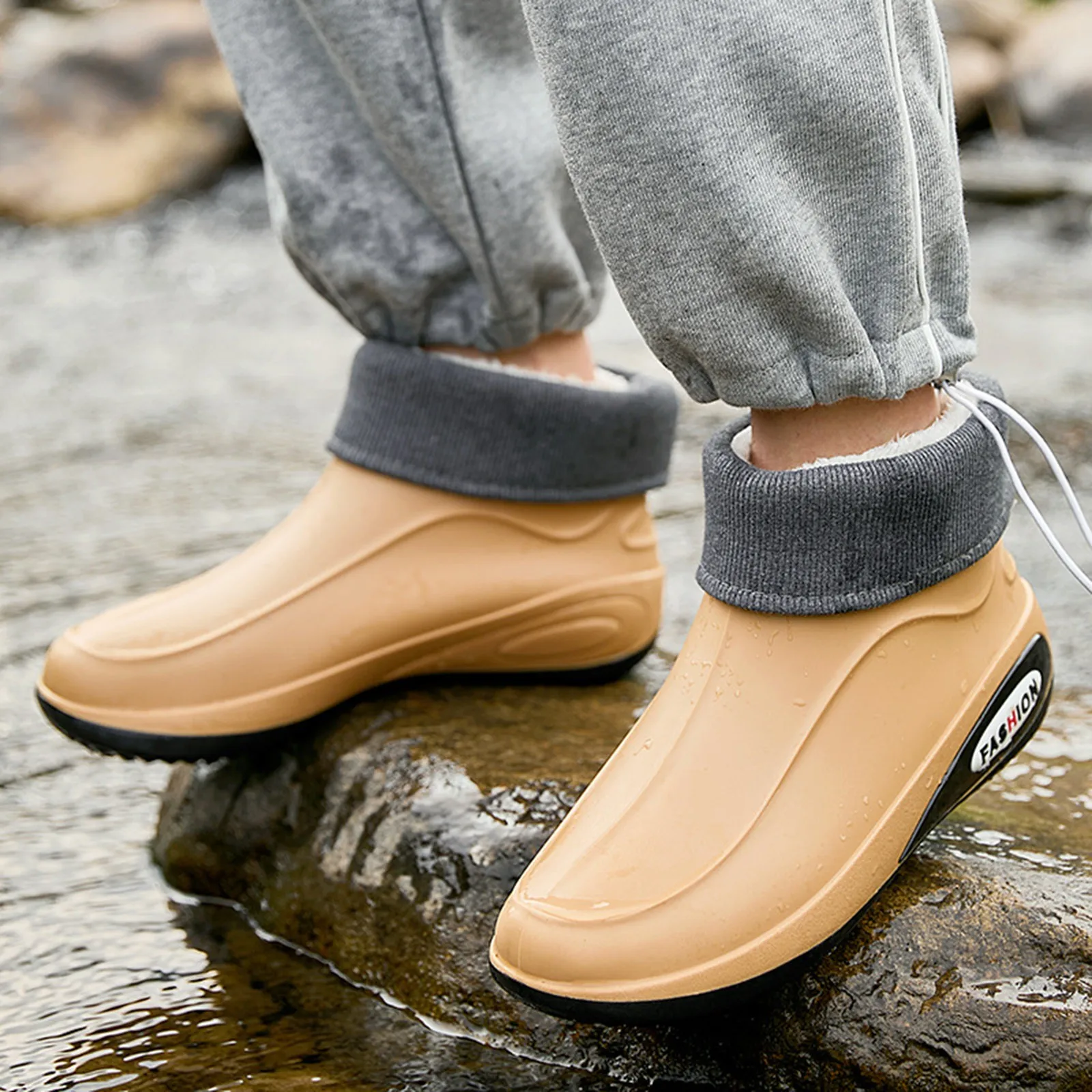 New Short Tube Men's Stylish Winter Outdoor Warm Velvet Rainboots Waterproof Anti-Slip Work Shoes Kitchen Fishing Water Shoes image 2