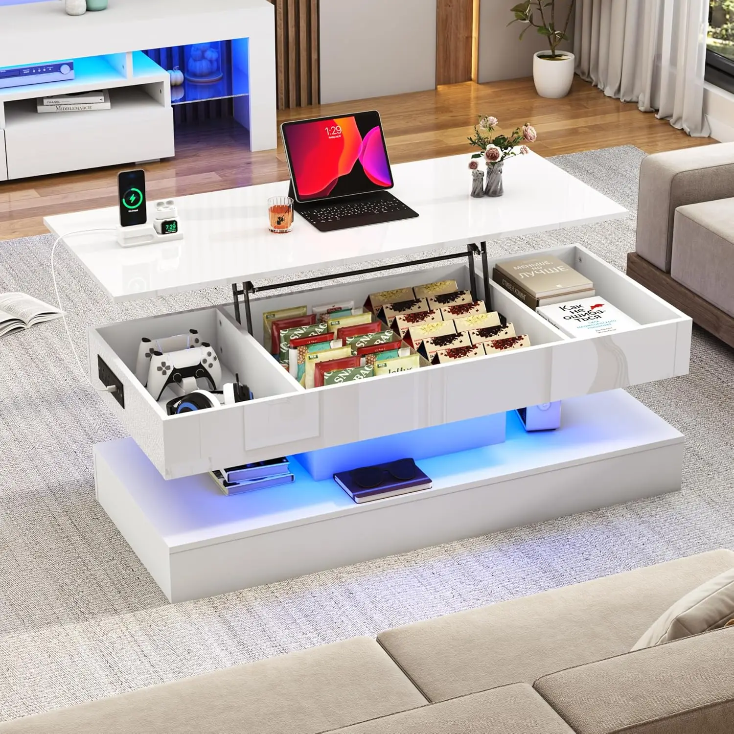 Mesa de centro moderna de color blanco brillante con LED, cajón de almacenamiento y tapa elevable para sala de estar