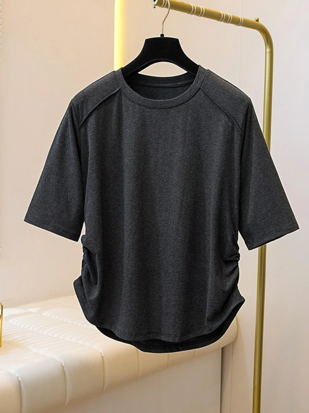 Slimming Design Short Sleeve T-Shirt Women's Summer Base Layer Shirt Folded High Waist round Neck Casual Comfortable Top