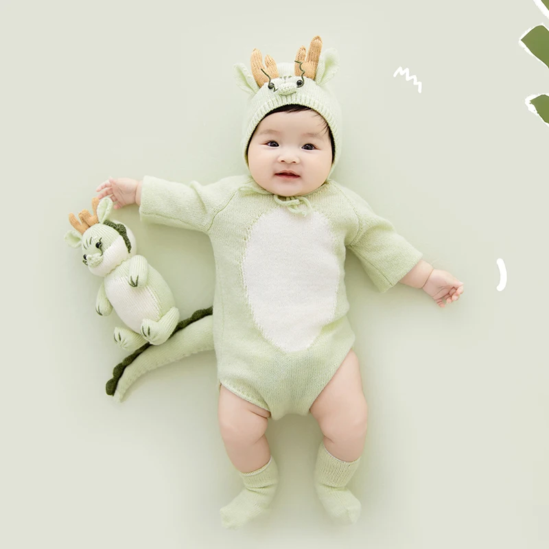 Baby Photography Clothing Knitted Green Dinosaur Theme 3-5m Baby Costume White Flower Shoot Props Studio Posing Accessories