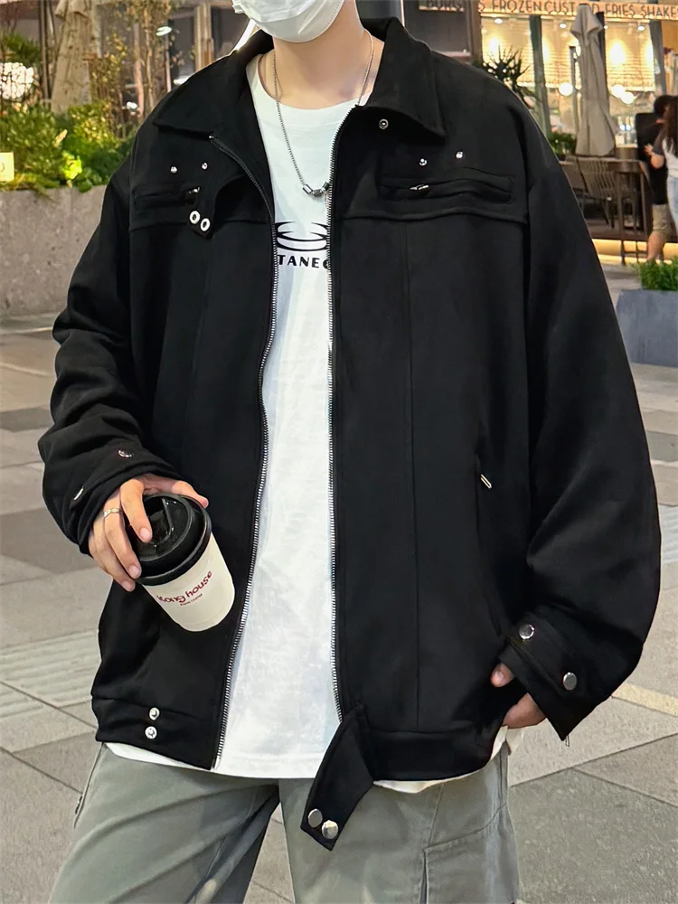 

Retro American Bla Deer Skin Velvet Jaet Men's Zipper Collar Couple's Jaet Loose Fit Youth Trend Autumn Regular Thin