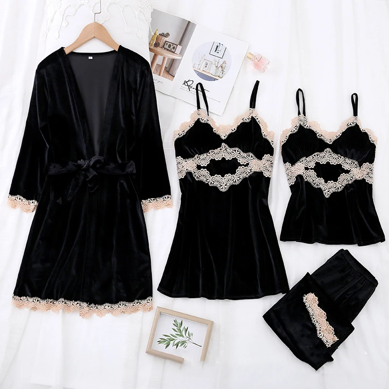 Autumn Winter Female Pajamas Velvet 4PCS Sleepwear Set Sexy Lace Trim Kimono Bathrobe Gown Pijamas Suit Loose Velour Homewear