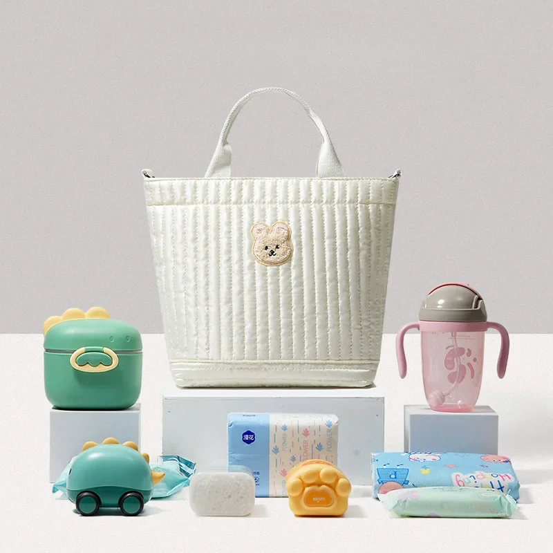 

Fashion Ins Mommy Women Cute Bear Flower Embroidery Pattern Baby Beige Cotton Fabric Zipper Diaper Handbag New Luggage Bag Gifts