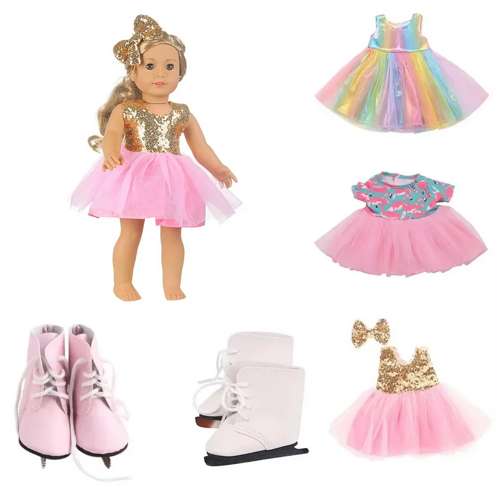 

Doll Skirt for American 18 Inch Doll Sequins Dress Doll Clothes for 43cm Baby New Born Doll Party Reunion Doll Skating Shoes