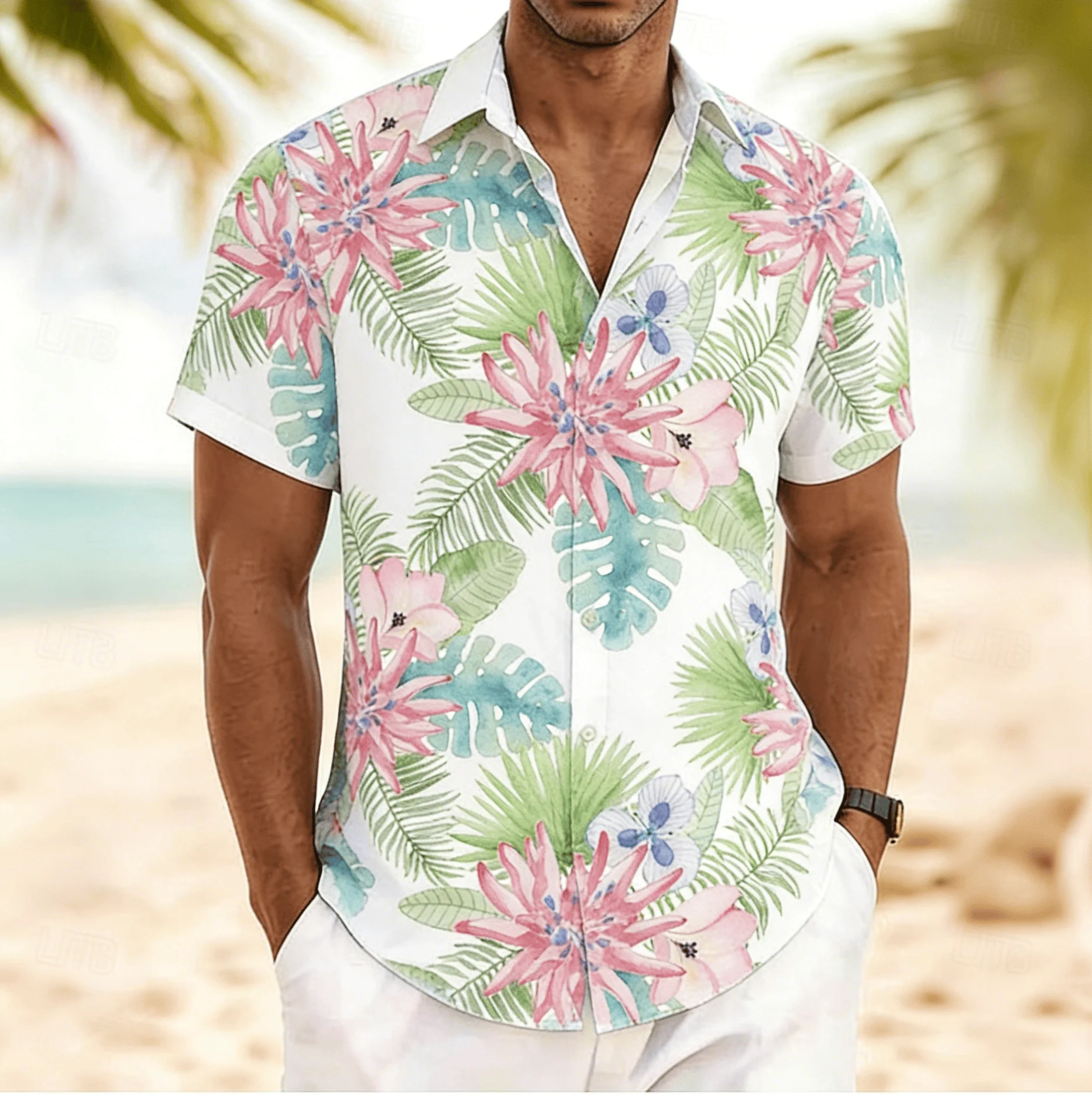 

Men's Tropical Pink Lily & Monstera Print Short Sleeve Shirt, Spring Summer Fresh Hawaiian Vacation Blouse, Loose Casual Top