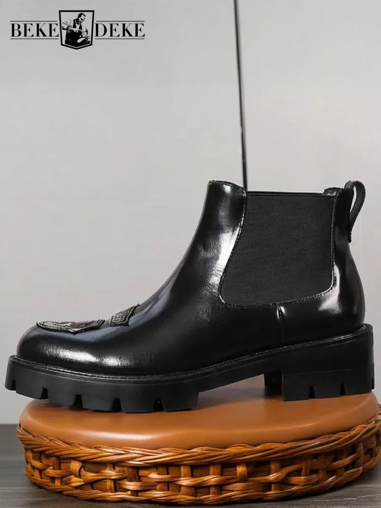 Men British Style Genuine Leather Platform Height Increase Fashion Boots Youth Trend Embroidery Slip On Cowhide High Top Shoes