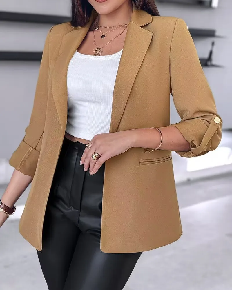 سترة بدلة نسائية على طراز الأعمال مزودة بسترة بلون سادة على طراز OL وأكمام ملفوفة بلون سادة سترة كاجوال #4