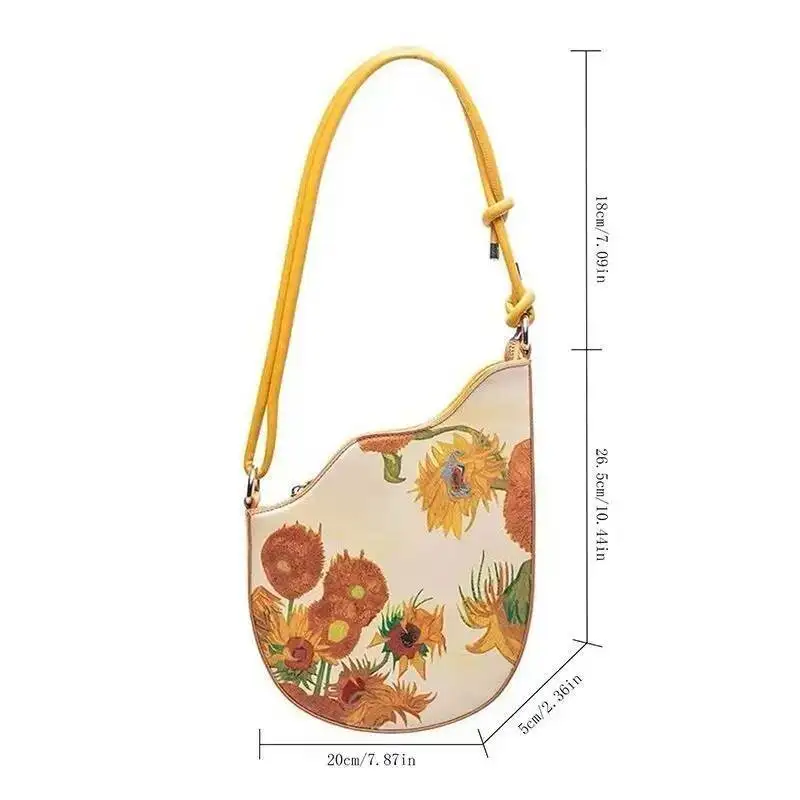 Retro Suower Rope Knot Shoulder Bags Women Yellow Oil Painting Leather Wave Edge Handbag Ladies Fashion Niche Underarm Bag