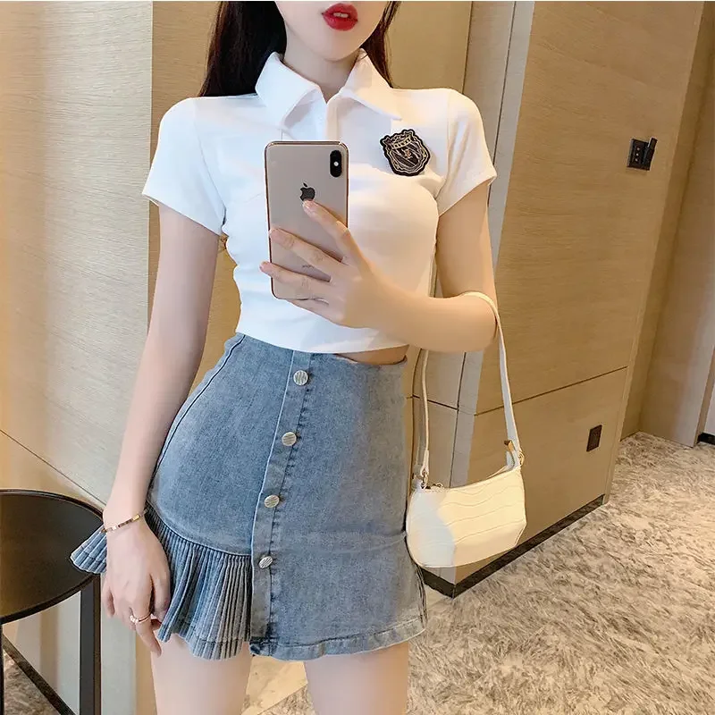 Short Sleeve Denim Mini Female Outfits Sexy Cotton Skirt Night Club Women\'s Two Piece Set Formal Event New Matching Occasion