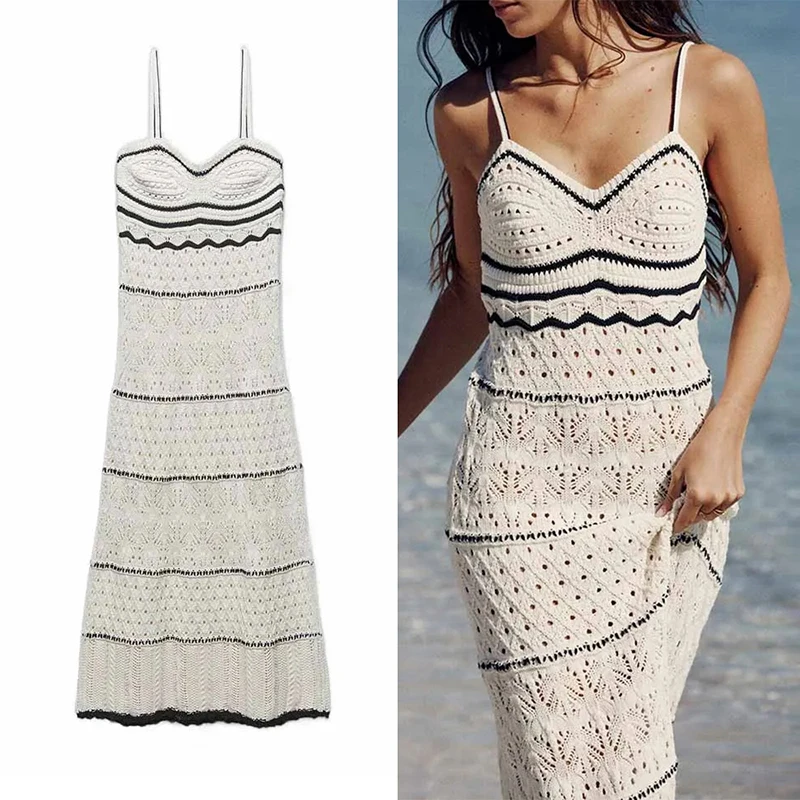 

Women's Crochet Dresses Beach Style Slim Fit Suspender Maxi Dresses Stylish Sleeveless Sexy Midi Dresses Elegant Ladies Fashion