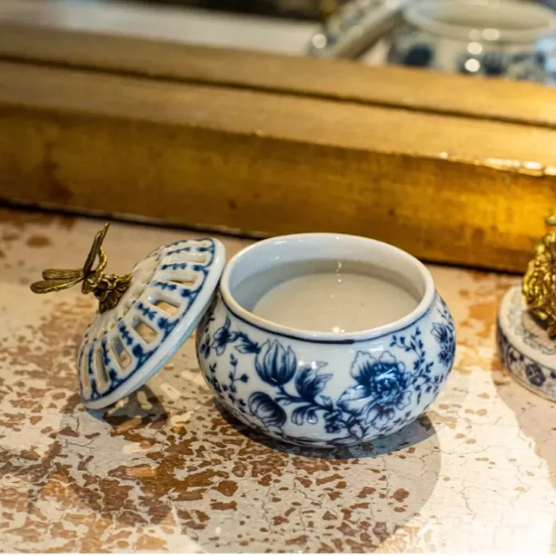 Blue Porcelain Inlaid Copper Dragonfly Censer, New Chinese Tea Room Desk Ornament, Study Hallway Decor, Vintage Home Accent