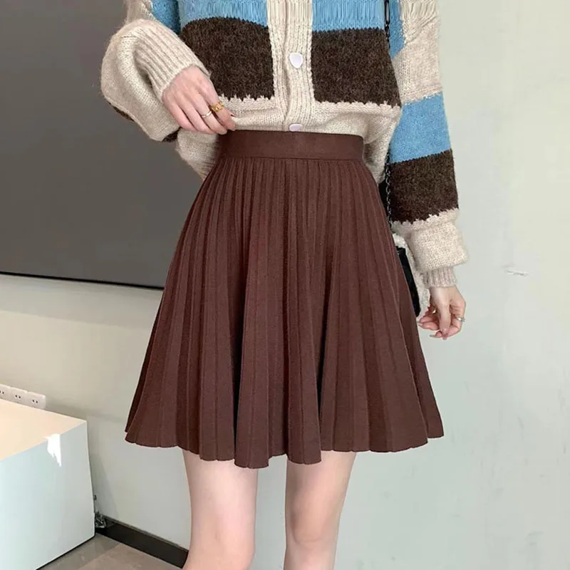 

Women's Knitted Pleated Short Skirt Autumn Winter Korean Style High-Waist A-Line Knit Mini Skirt