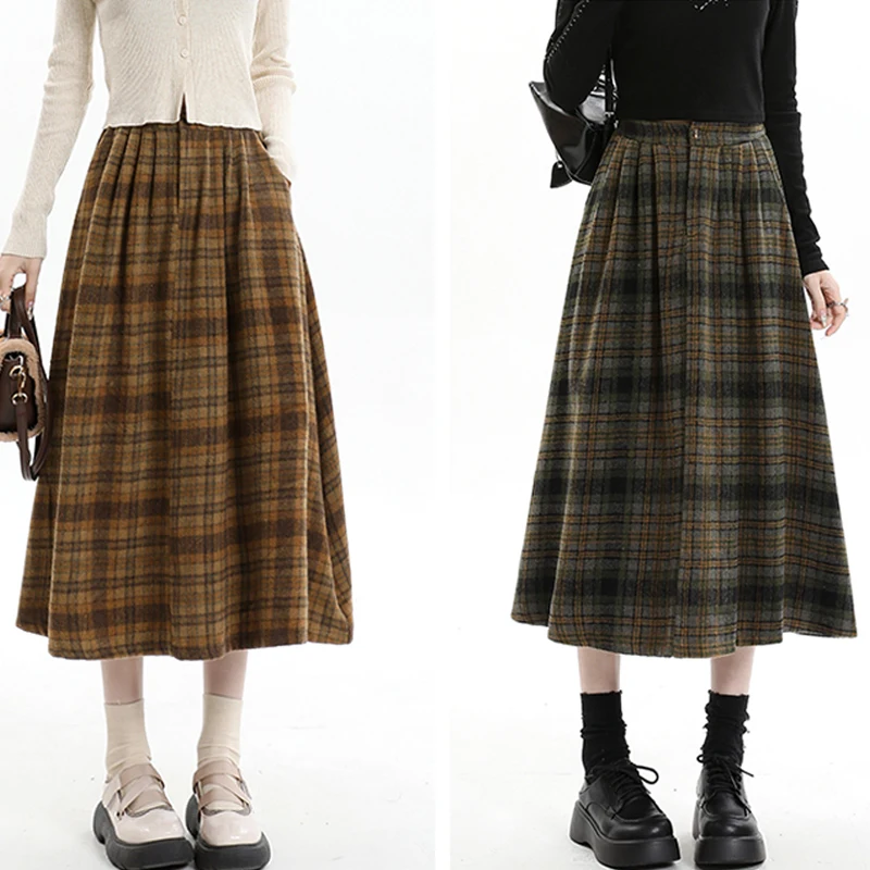 

2024 Women Fashion Elastic Waist Plaid Woolen Skirt Autumn Winter Advanced Sense Comfort Loose Casual A-Line Half Length Dress