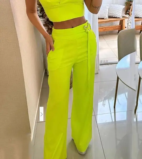 2 Piece Set Women Outfit Summer New Fashion Casual Sleeveless Square Neck Top & Elegant Loose Wide Leg Pants Trousers Pants Sets