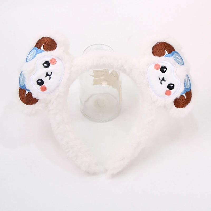 Fabric-Wrapped Sheep Hair Headband with Fuzzy Lamb-Fleece Surfaces, Dimensional Cartoon Detail, and Embroidered Face for Y08E
