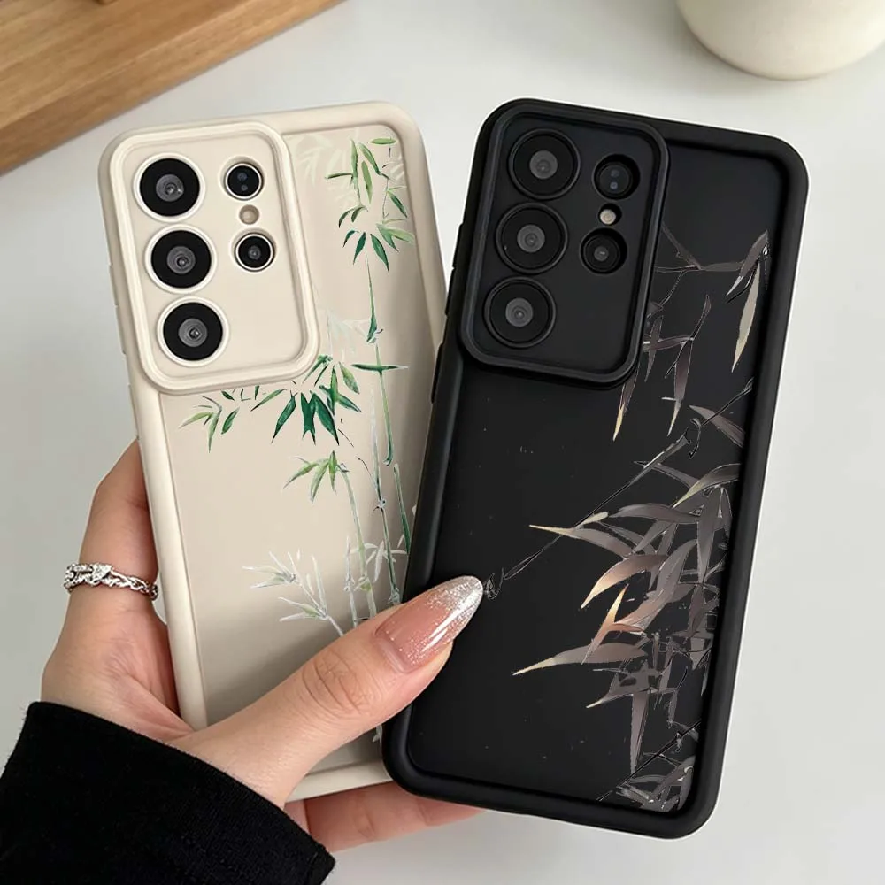 Ink Bamboo Branch Painting Silicone Case For Samsung Galaxy S26 S25 S24 S23 S22 S21 S20 Ultra Plus FE Soft Phone Case