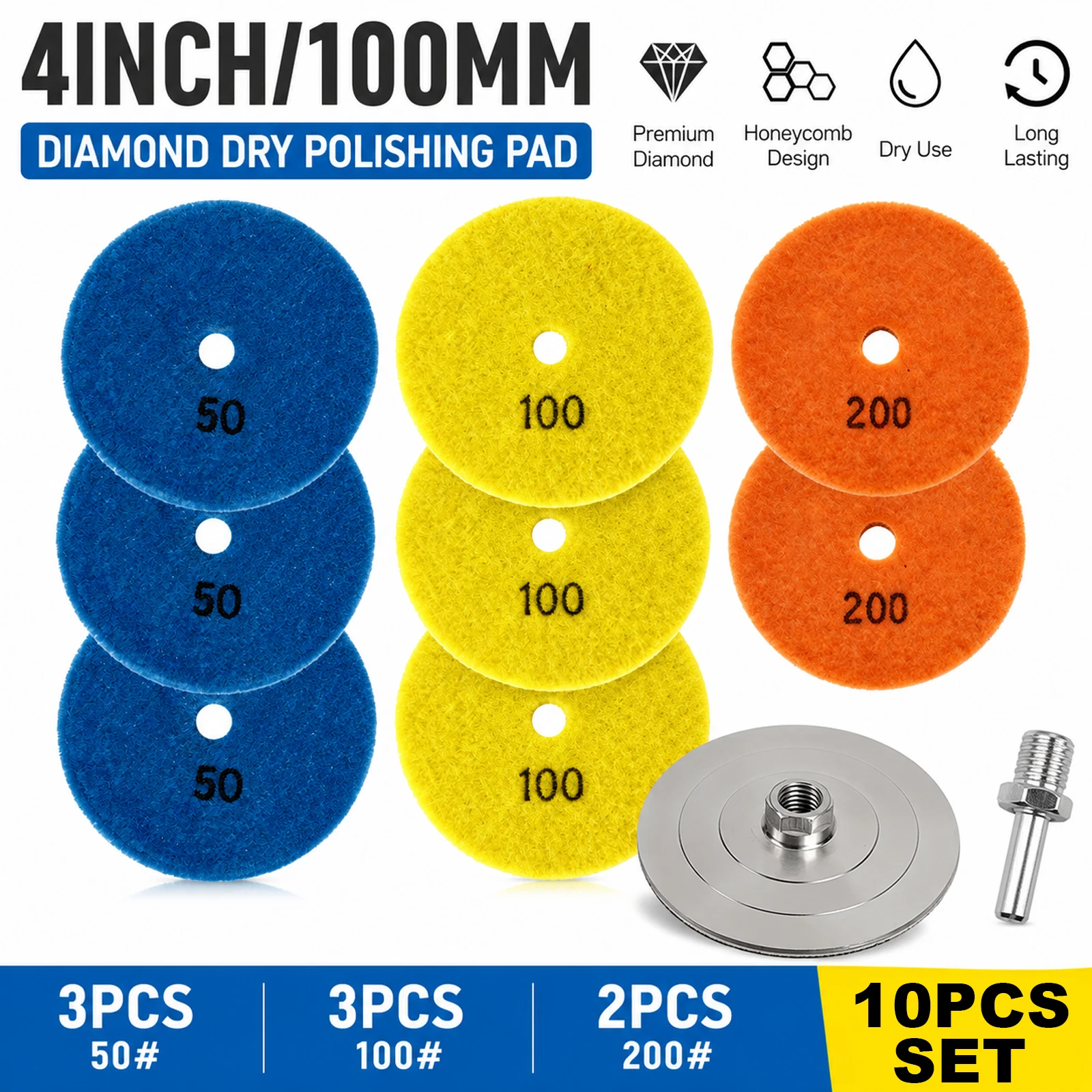 

10Pcs 4inch Diamond Polishing Pad Set, Dry Sanding Disc for Granite, Marble, Microcrystalline Glass, Countertops, Concrete