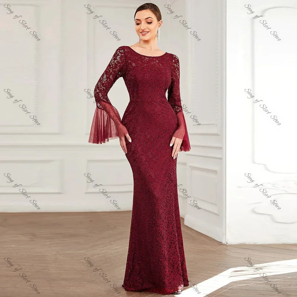 Customized Burgundy Lace Marmaid Mother Of The Bride Dresses Simple Appliques O-Neck Long Sleeves Floor-Length Mom Dress For Wed