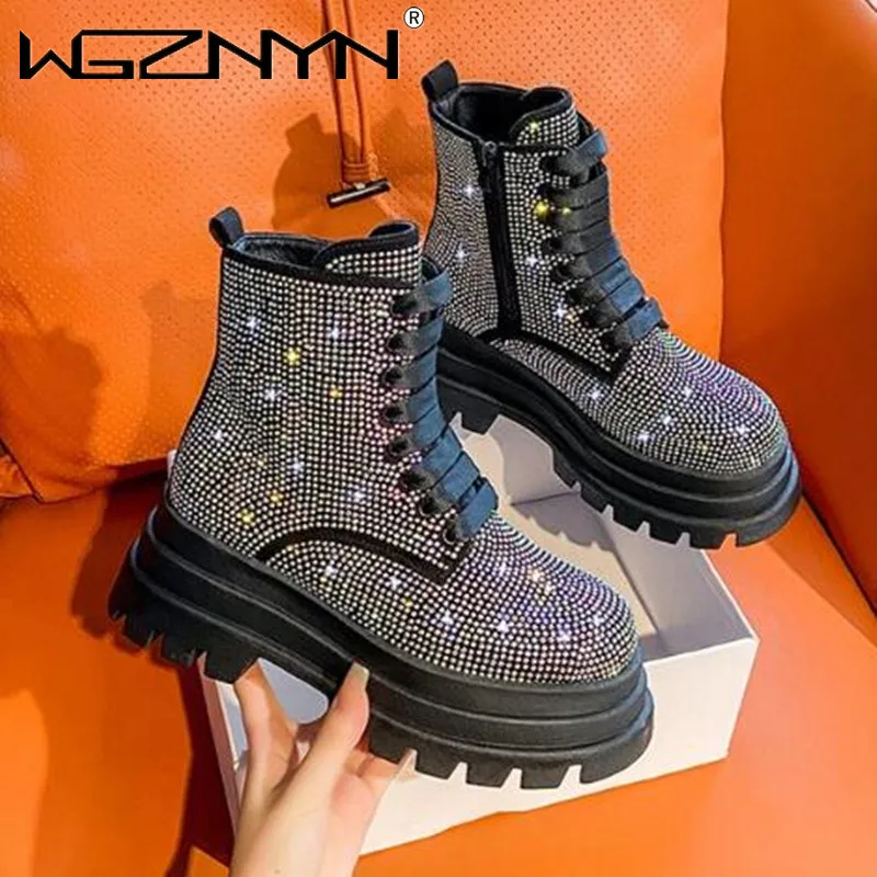 Buty damskie z okrągłym noskiem buty kryształowe Lolita botki-moda damska Rhinestone Rock 2023 kostki gumowe buty zimowe jesienne Med