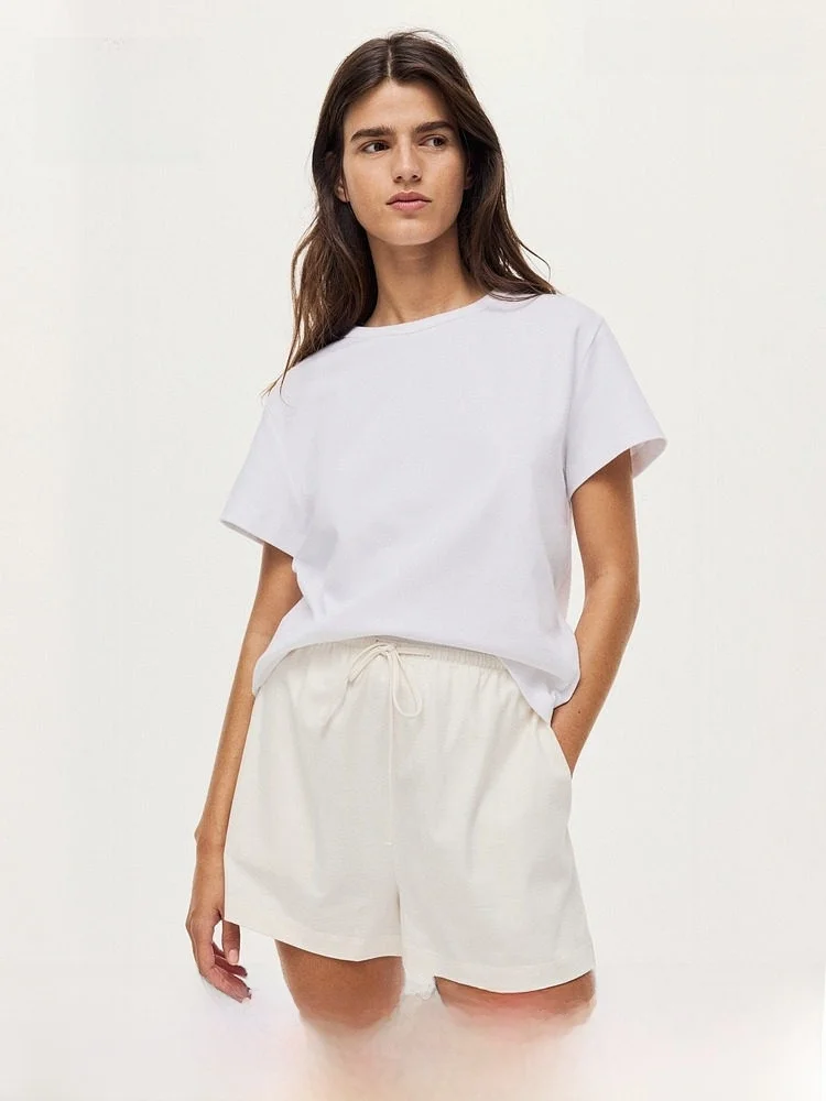 

Женские повседневные брюки H&M: летние, с эластичным поясом, прямые, свободного кроя, на шнурке, простой дизайн, 100% хлопок