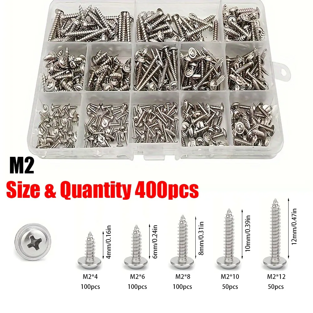 400-Piece M2 Phillips Self-Tapping Screw Kit with Washers, 5 Sizes, for Wooden Furniture, Mirror Paintings and Home Repairs