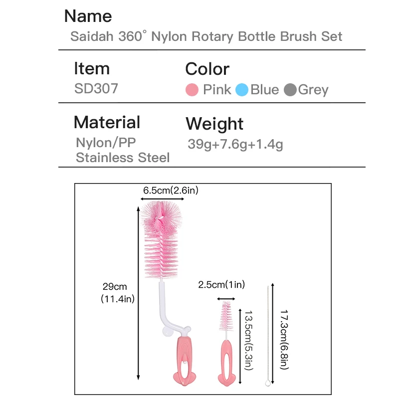 Zestaw 3 w 1 SAIDAH 360 ° nylonowy obrotowy butelka mleka do karmienia zestaw pędzelków