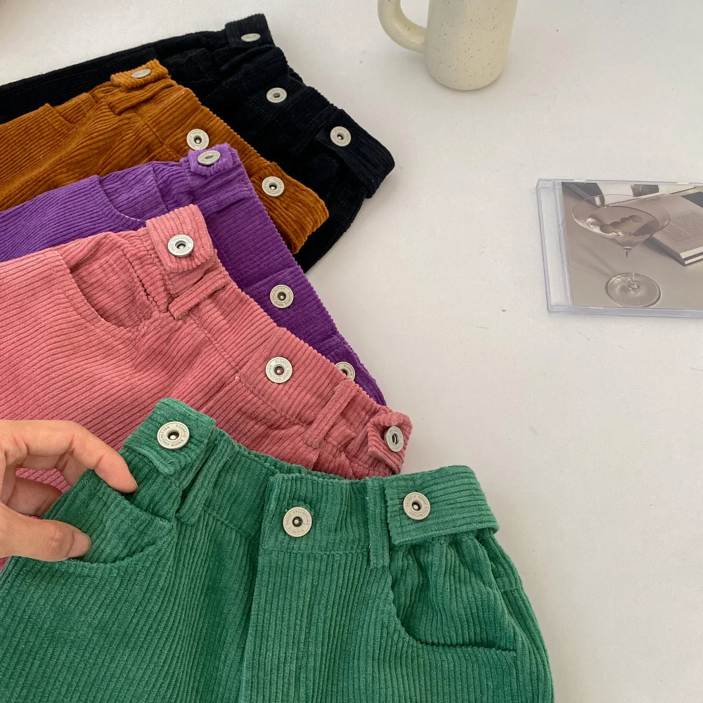 Autumn Fashion Kids Corduroy Casual Pants Boy Baby All-match Loose Pockets Wide Leg Pants Girl Children Cotton Solid Trousers